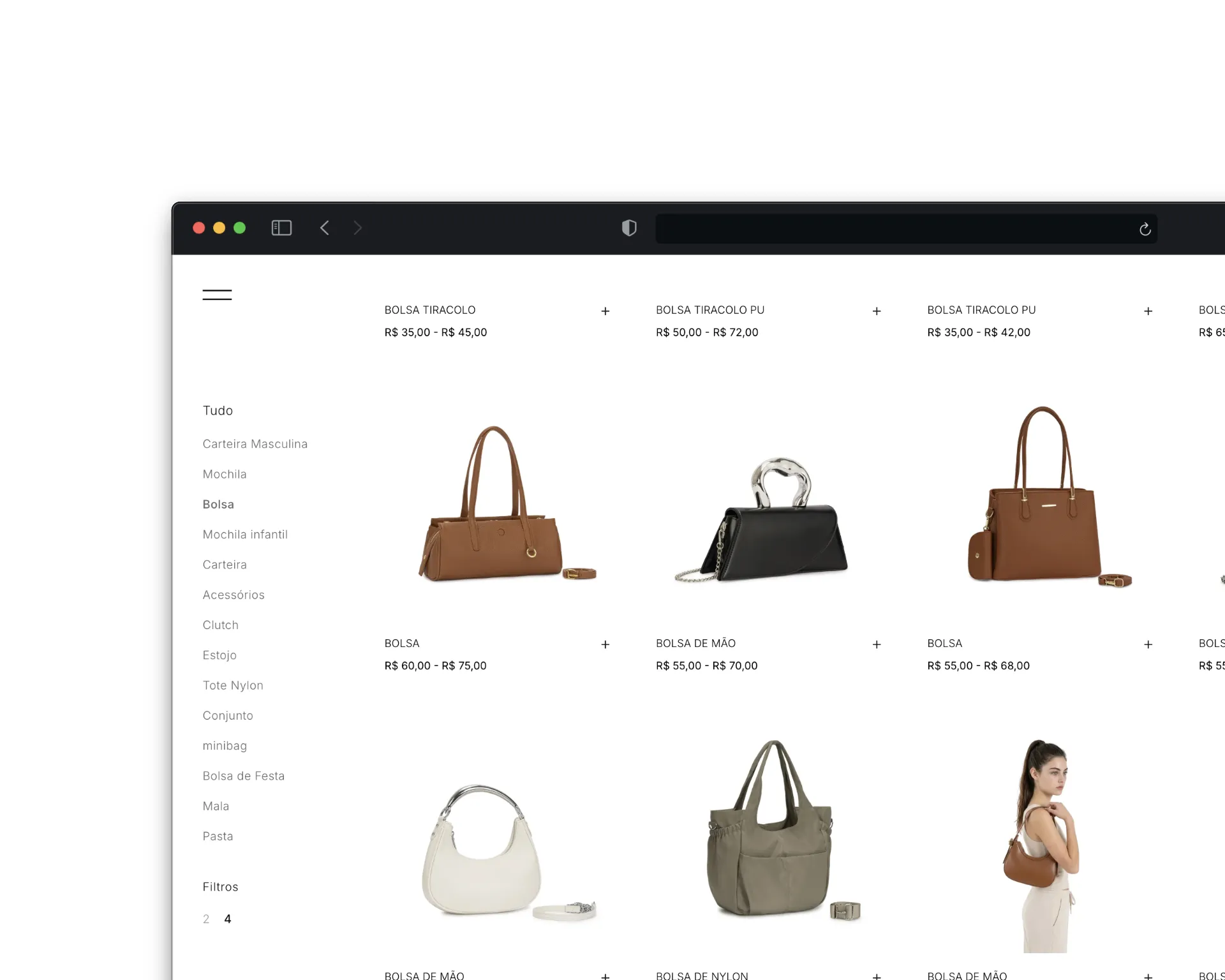 Catálogo online da Berelina aberto no navegador, com a grade de bolsas e preços de atacado